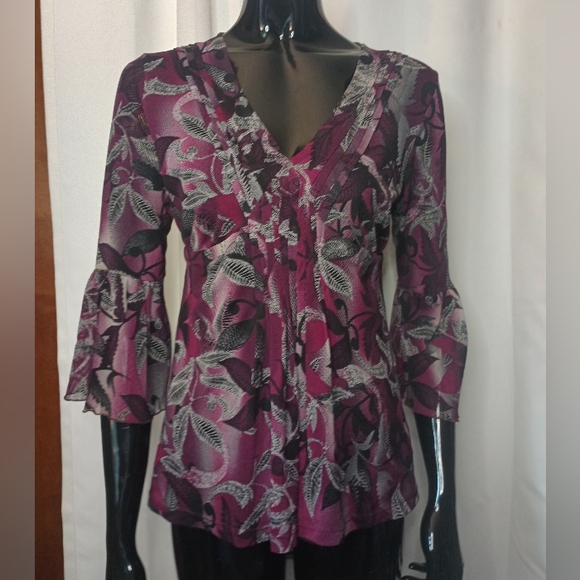 Worthington Tops - Worthington Y2K Whimsigoth Dark Floral Baby Doll Top Small Purple Sheer Fairy